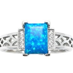 Emerald Cut Blue Fire Opal and CZ Filigree Ring 18K White Gold Filled NWOT